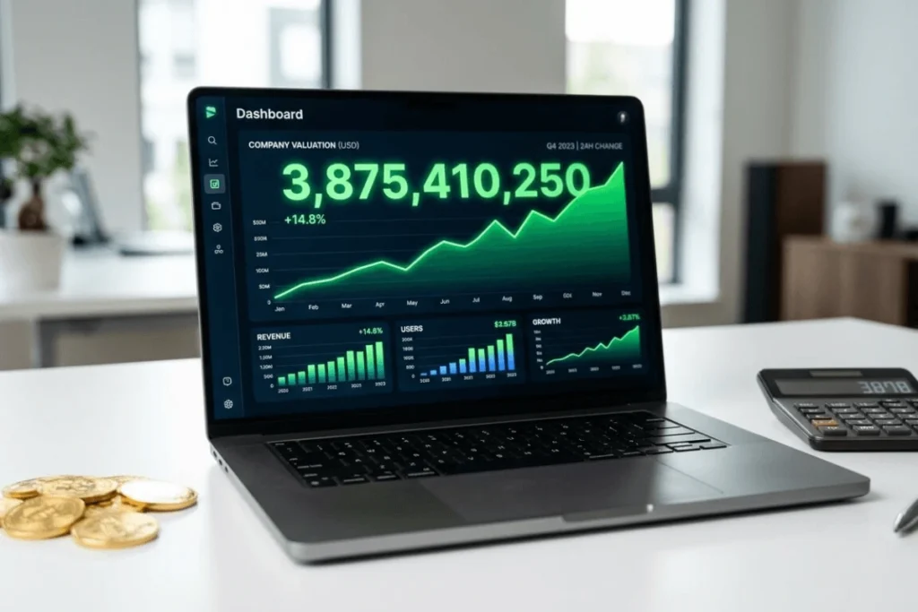 A professional laptop dashboard displaying website valuation metrics and a green growth chart on a clean workspace.