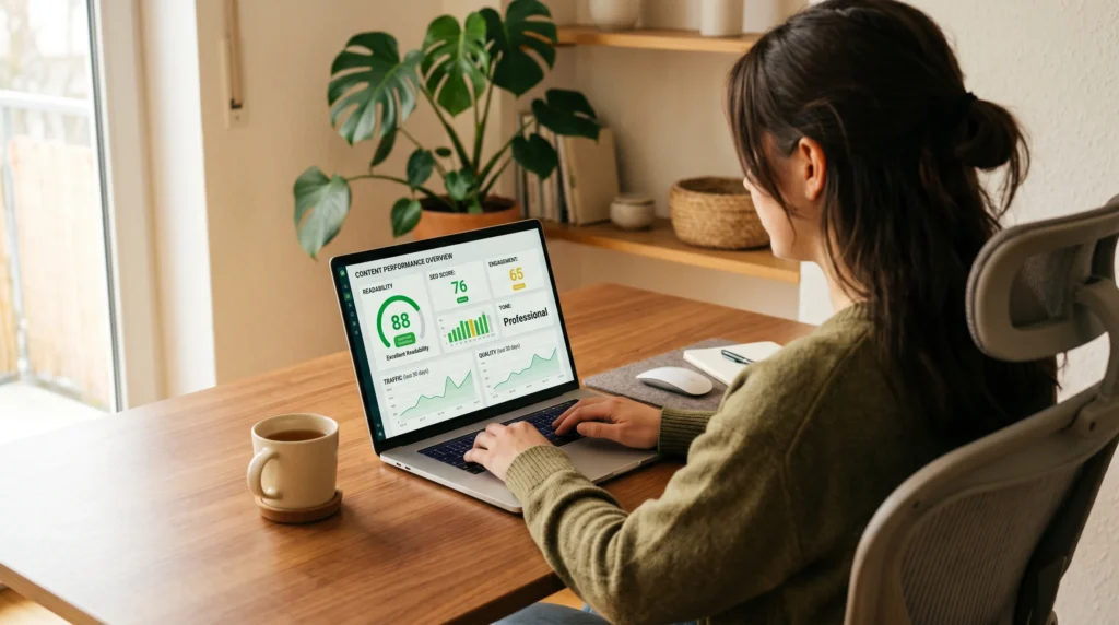 Blogger checking readability score on a content analysis tool before publishing an article