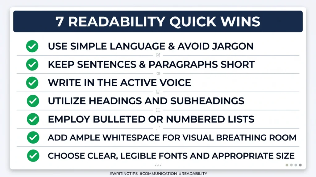 Content readability tips checklist with 7 quick wins for improving readability score