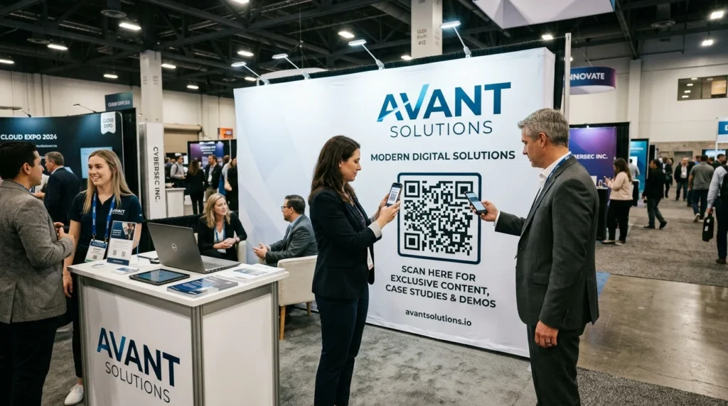 Trade show booth with a large QR code banner being scanned by event attendees to register for a lead magnet