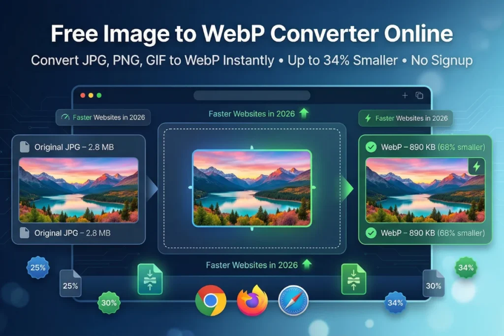 Free image to WebP converter online tool showing instant JPG PNG to WebP conversion with dramatic file size reduction in 2026