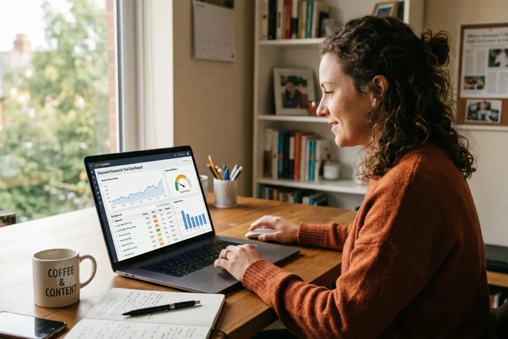 Blogger using a free keyword idea generator tool on laptop