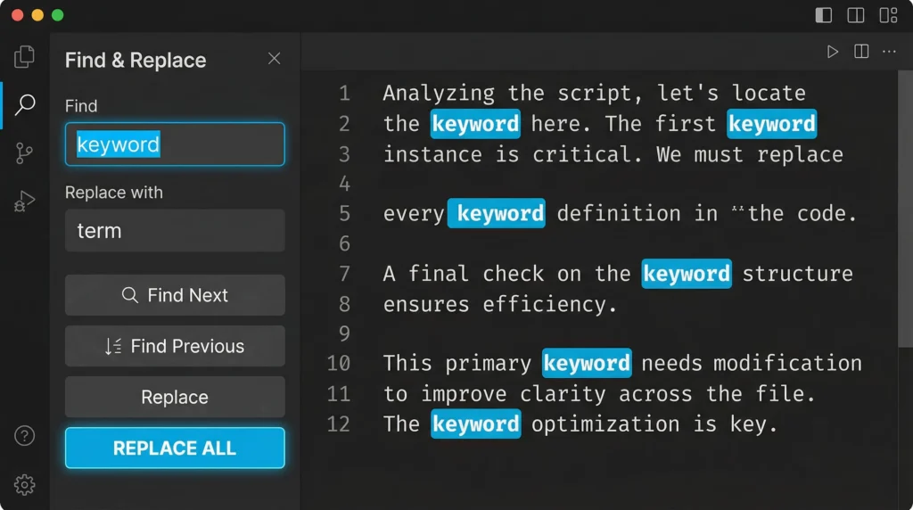 Find and replace feature in the free online word counter tool for SEO, used to manage keyword density in blog content