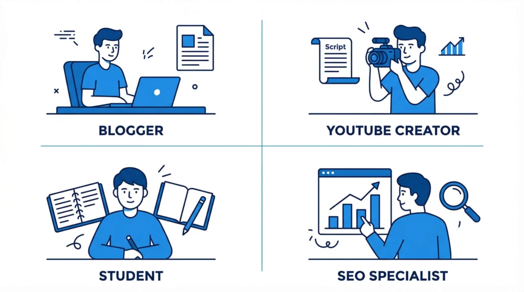 Illustration showing the four main users of a free online word counter tool for SEO: bloggers, YouTube creators, students, and SEO specialists