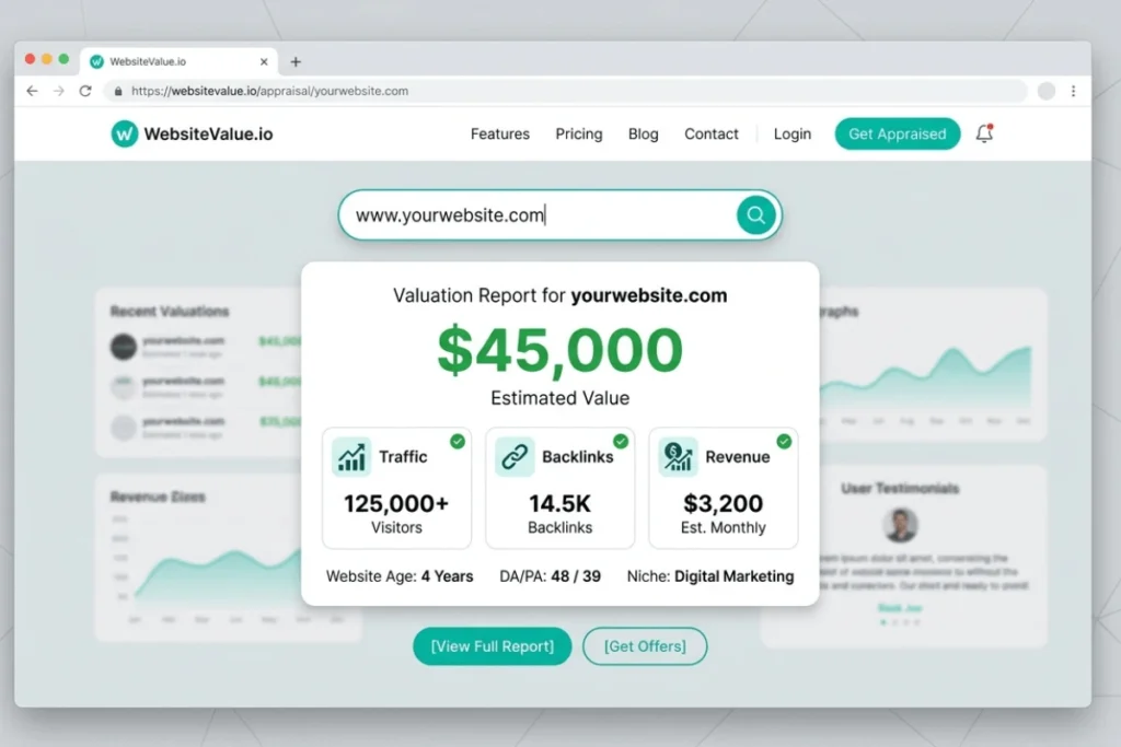A digital interface mockup of a website appraisal tool showing an estimated market value of forty-five thousand dollars.