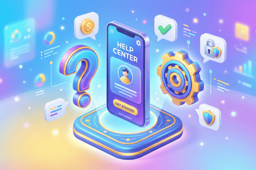frequently asked questions mobile earning A 3D isometric graphic of a smartphone with a prominent floating question mark symbol and gears, illustrating answers to common questions.