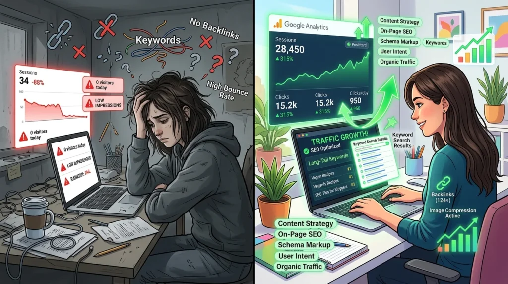 Blogger analyzing website analytics showing low traffic mistakes and SEO struggles while learning how to get more blog traffic through strategy