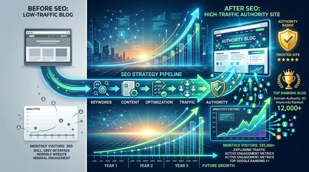 Final SEO growth transformation showing small blog turning into high authority website to get more blog traffic through consistent strategy