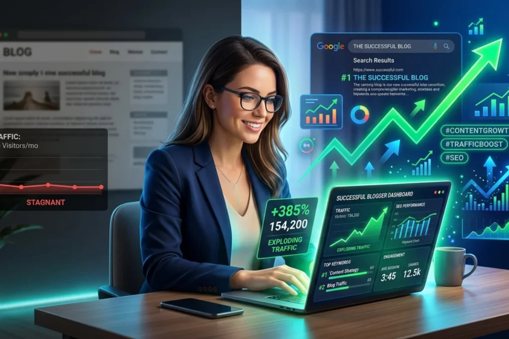 Blogger using SEO dashboard showing rising analytics and traffic growth to get more blog traffic through optimization strategies
