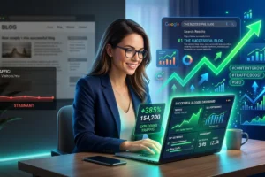 Blogger using SEO dashboard showing rising analytics and traffic growth to get more blog traffic through optimization strategies