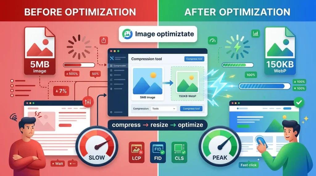 Image optimization process showing compression and WebP conversion to improve site speed and get more blog traffic through SEO performance