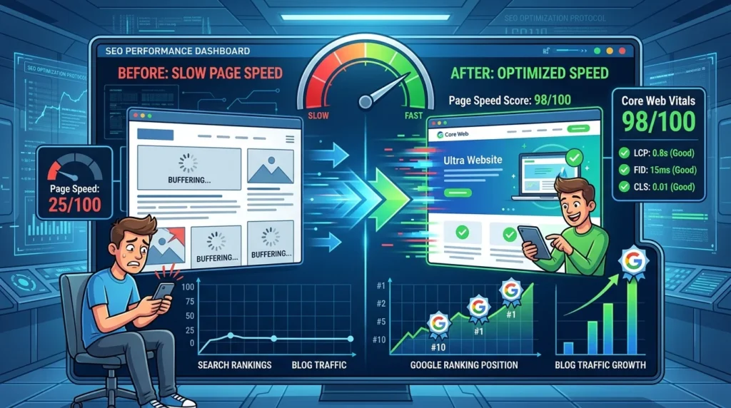 Website page speed optimization dashboard showing Core Web Vitals improvement and faster loading to get more blog traffic through SEO ranking