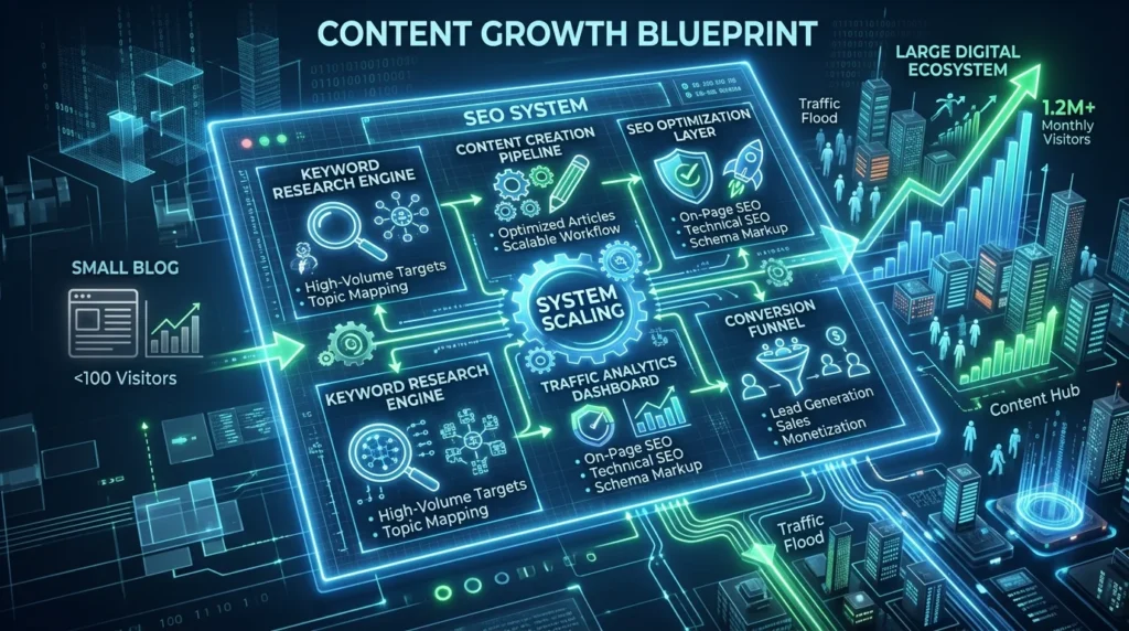 Digital blueprint showing SEO system and content engine scaling from small blog to high traffic website to get more blog traffic