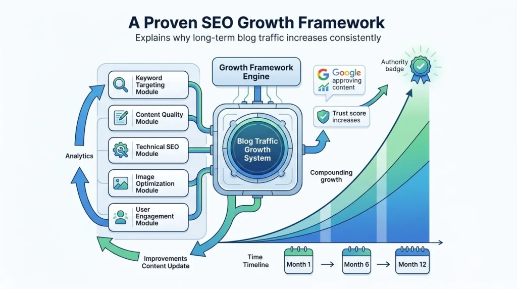 SEO growth framework showing compounding traffic system and analytics loops explaining how to get more blog traffic consistently