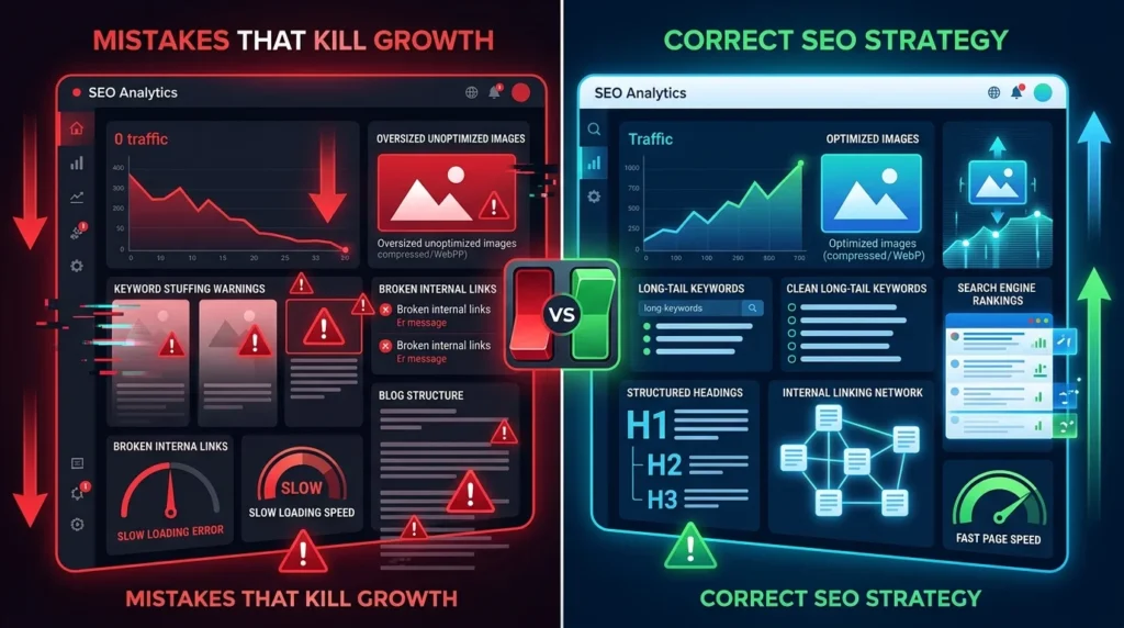 SEO mistakes and correct optimization comparison showing common blogging errors that reduce traffic and how to fix them to get more blog traffic