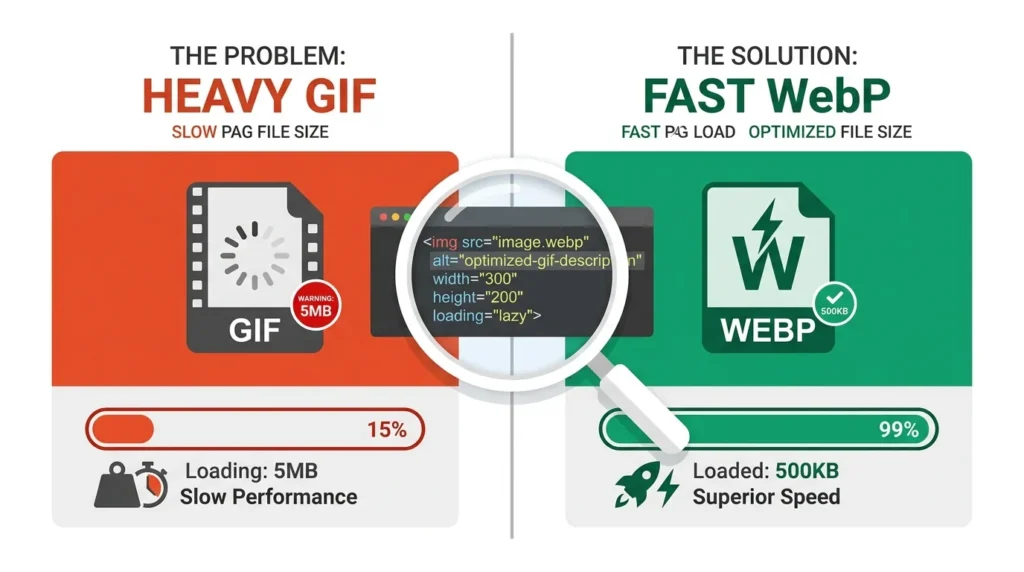 A comparative infographic showing the difference between a heavy, unoptimized GIF and a compressed, SEO-friendly WebP file with descriptive alt text.