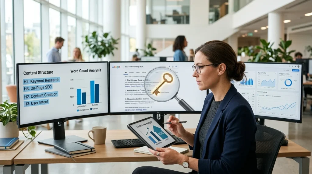 A marketing professional analyzing top-ranking Google search results to identify content gaps and learn how to do keyword research for free.