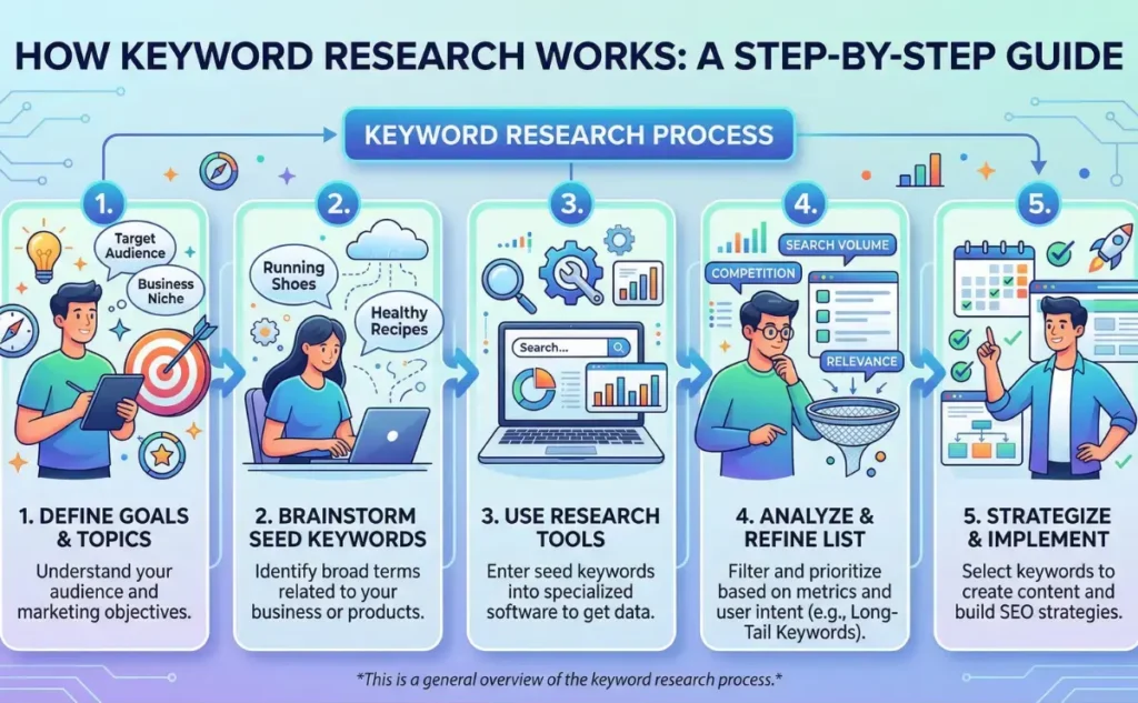 Infographic showing how a free keyword idea generator works for bloggers