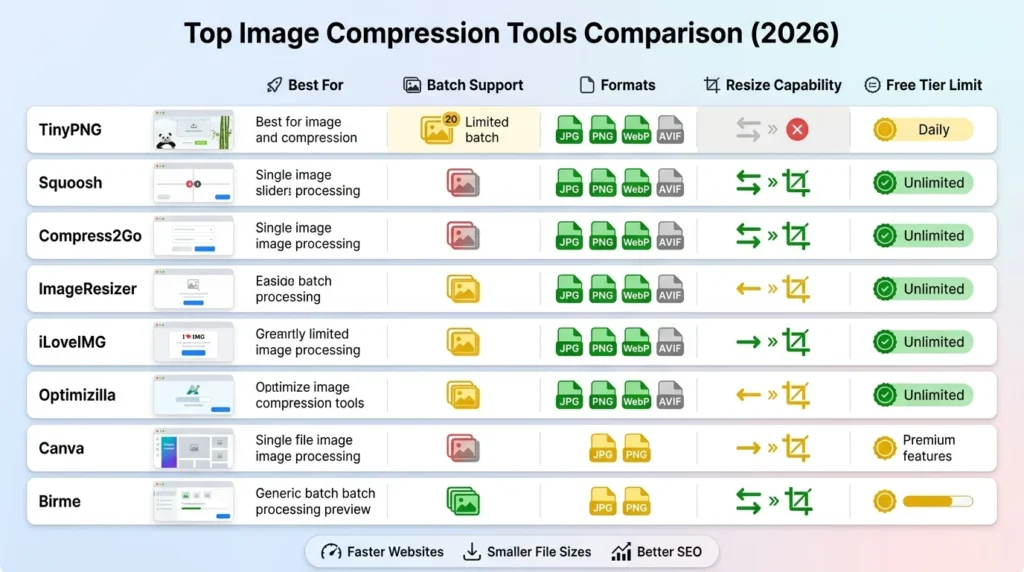 Comparison table of top free online tools to compress and resize images showing features and capabilities