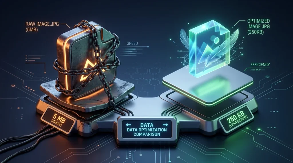 Infographic visualizing the dramatic reduction in file size for optimized images—saving up to 95%—to improve Core Web Vitals, page speed, and Google ranking.