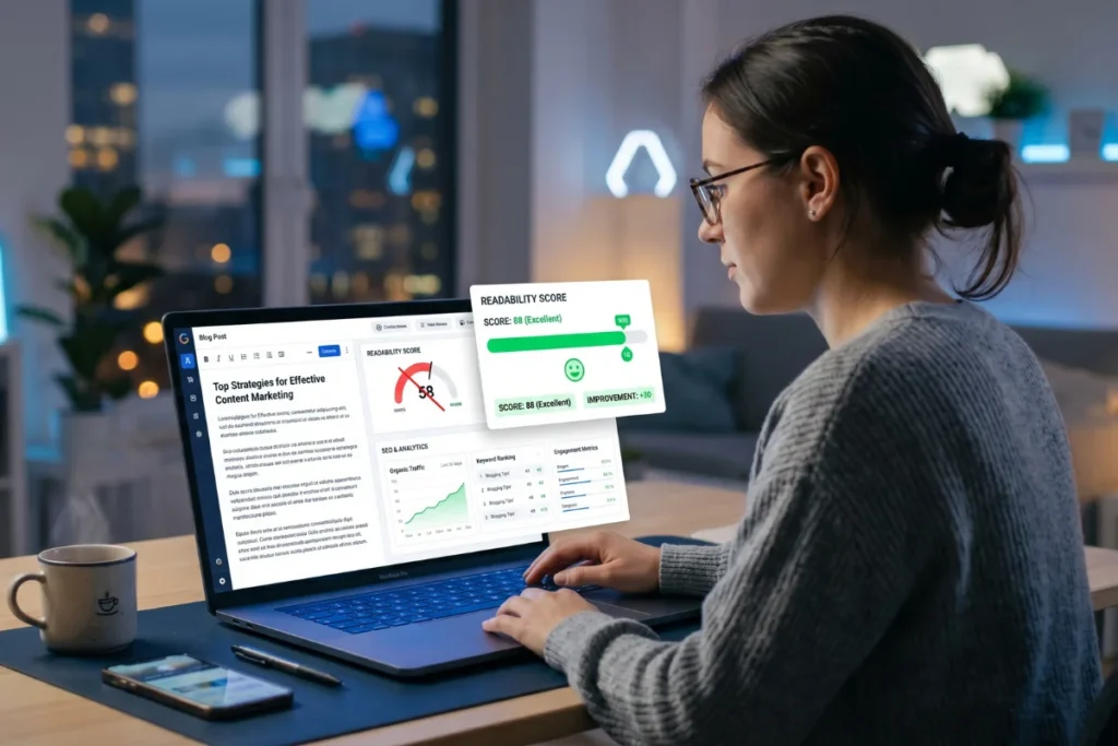 Improve readability score using a readability checker tool with SEO content optimization dashboard