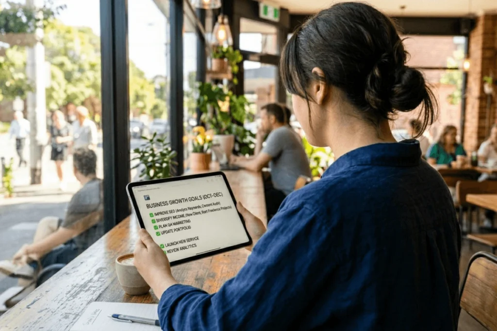 A person reviewing a digital checklist on a tablet featuring strategies to improve website worth and SEO health.
