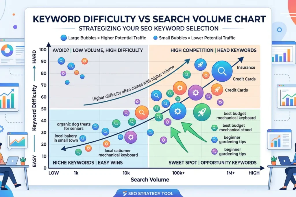 Chart showing keyword difficulty vs search volume for blogger keyword research