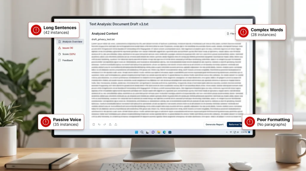 Dense wall-of-text paragraph on a screen highlighting common content readability mistakes