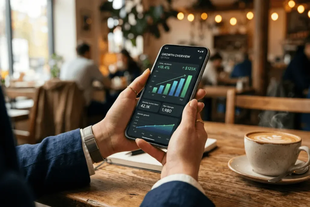 A person successfully making money online using a mobile phone only while sitting in a modern coffee shop.