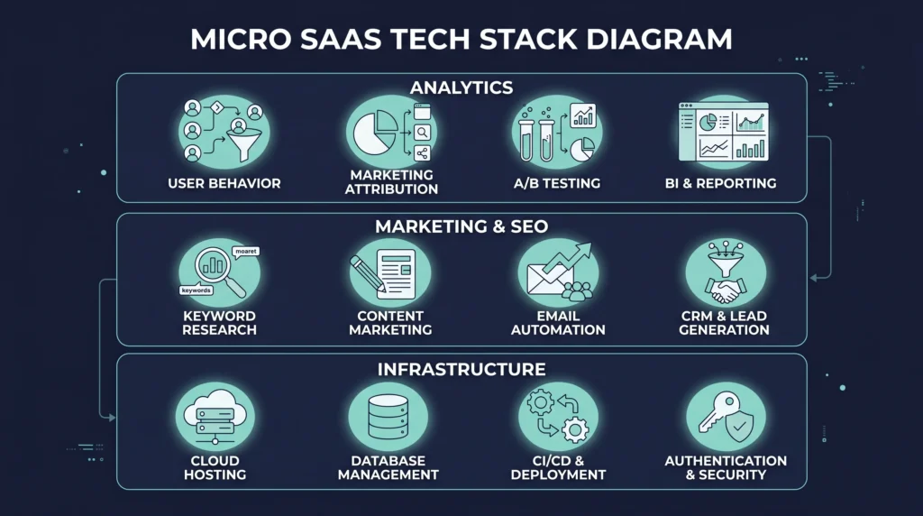 Micro SaaS tech stack showing tools for infrastructure, SEO, and analytics