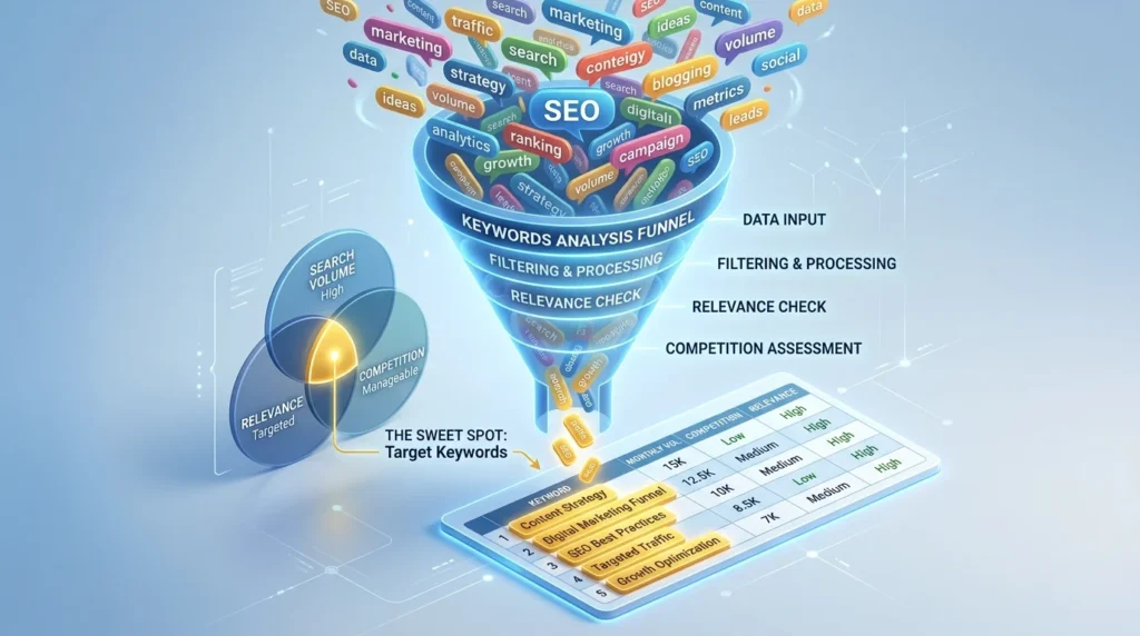 A 3D illustration showing the process of filtering and organizing keywords into a strategic content plan for how to do keyword research for free.