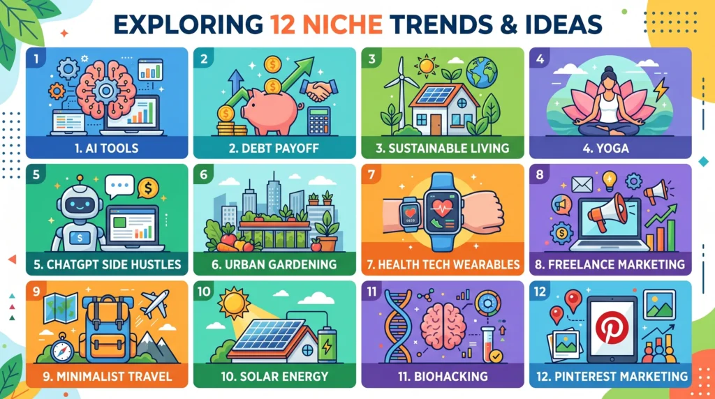 Visual list of the 12 most profitable micro-niche blog ideas for 2026