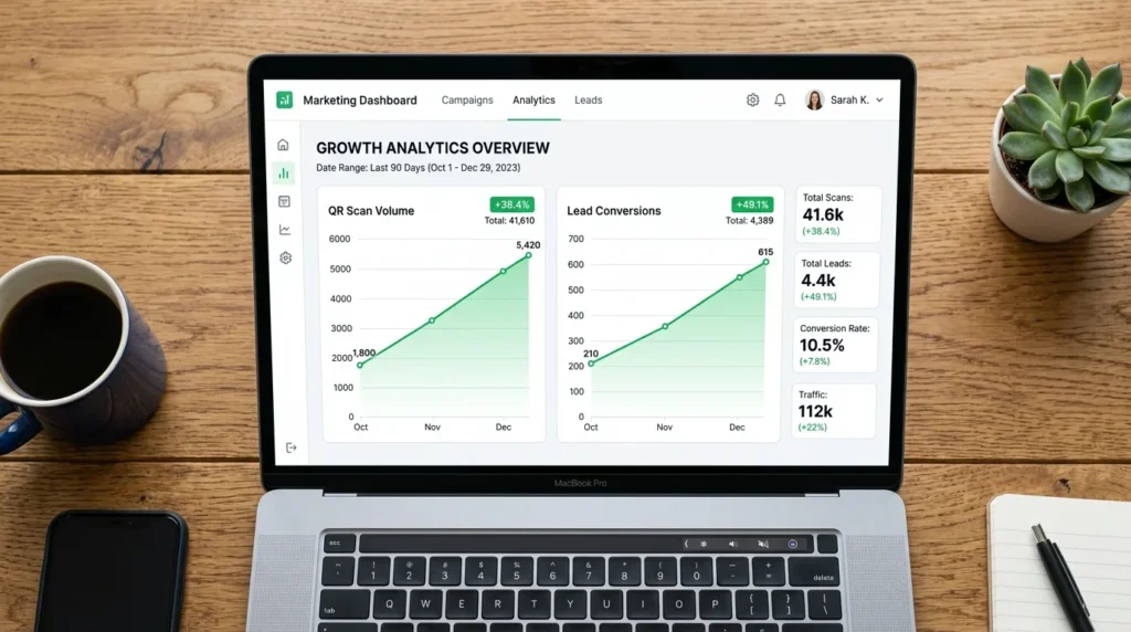 Marketing analytics dashboard showing QR code scan volume, conversion rates, and lead growth over 90 days