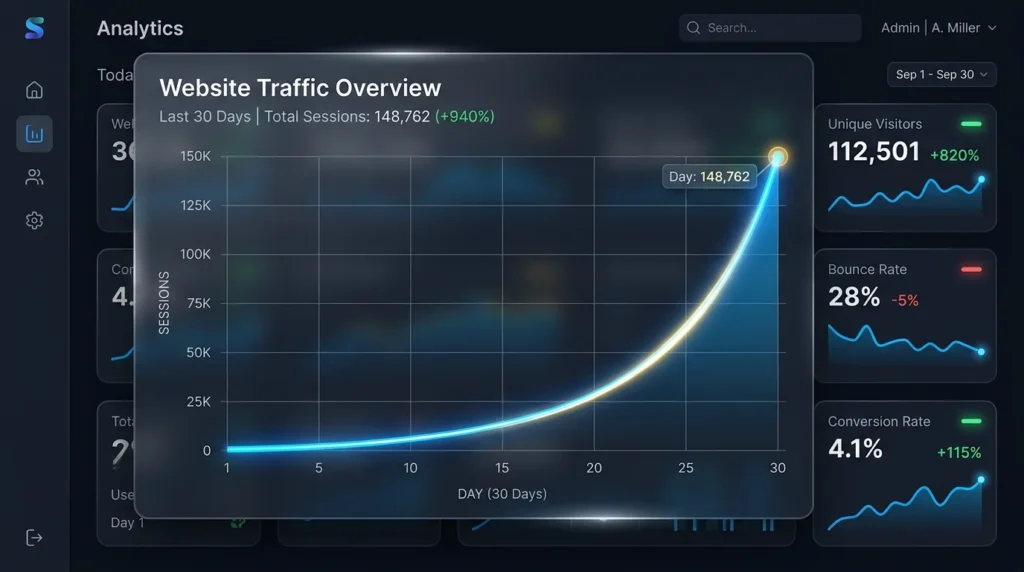 tool based website traffic growth graph showing increase over 30 days