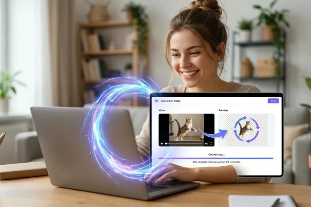 Video to GIF converter tool showing a video clip being transformed into an animated GIF on a laptop screen
