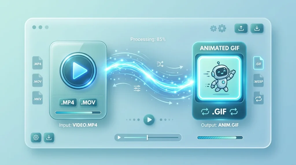 A 3D isometric illustration showing a video play button transforming into a stylized, looping, square GIF icon on a modern digital interface.