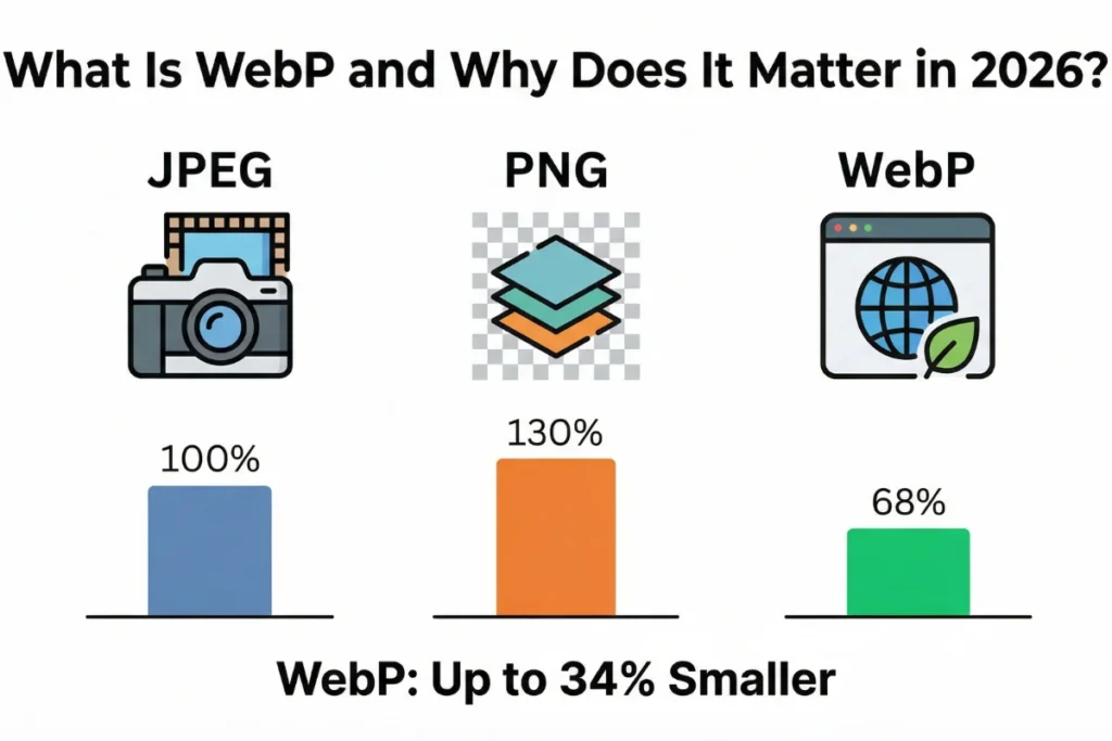 Infographic showing 100% browser support for WebP images in 2026 across Chrome, Firefox, Safari, Edge, and Opera
