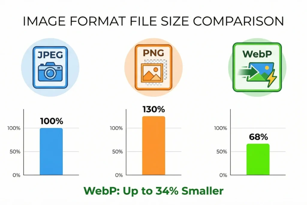Side-by-side file size comparison chart showing WebP images being 25-34% smaller than JPEG and 26% smaller than PNG formats