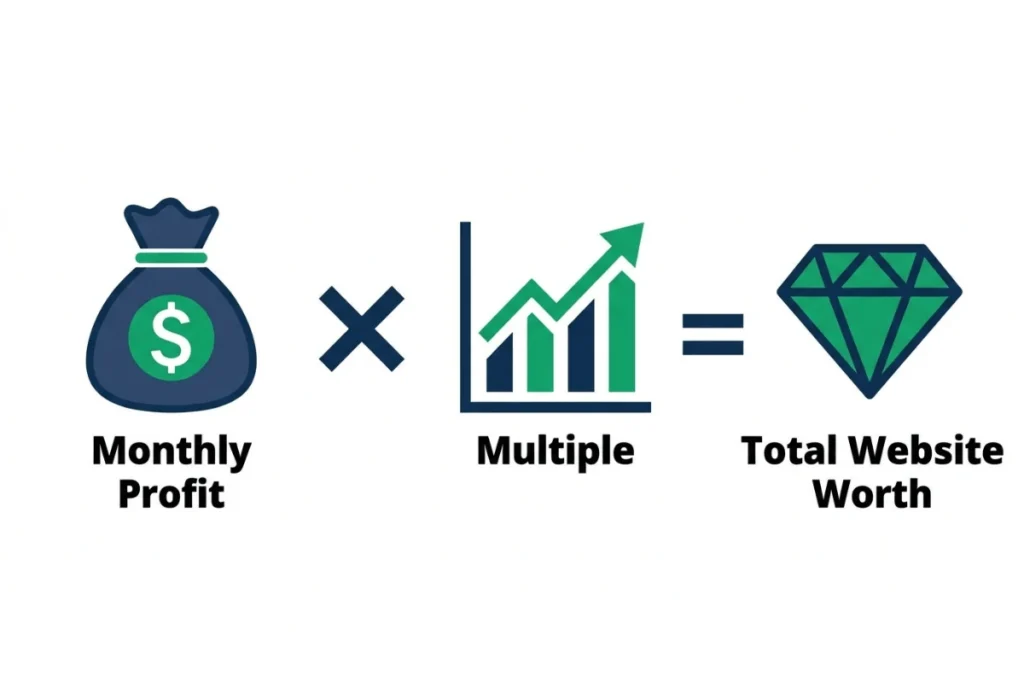 An infographic explaining the website worth formula: Monthly Profit multiplied by a Valuation Multiple equals Total Website Worth.