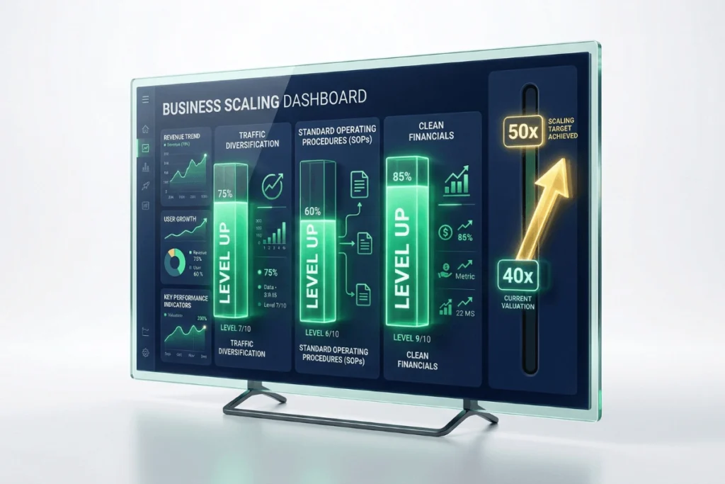 3D dashboard showing how SOPs, clean financials, and traffic diversification increase a website's sale multiple from 40x to 50x.