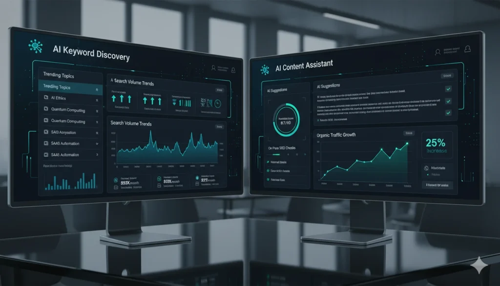 AI-powered SEO tools dashboard showing keyword research and content optimisation in 2026
