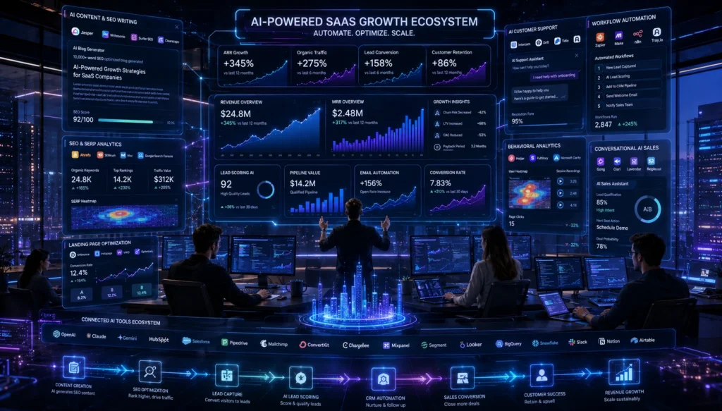 Best AI tools to grow SaaS business with CRM automation, AI content creation, SEO optimization, chatbot support, workflow automation, predictive analytics, and startup growth dashboards