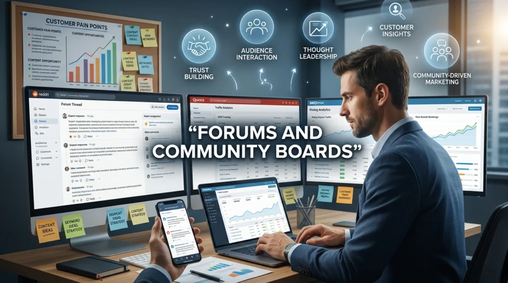 Digital marketing strategies for small businesses using forums, online communities, audience engagement, community-driven marketing, and organic discussions to increase trust, traffic, and search visibility.