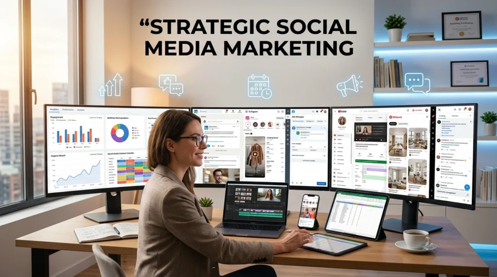 Digital marketing strategies for small businesses using strategic social media marketing, audience engagement, platform-specific content creation, and organic brand growth across multiple social networks.