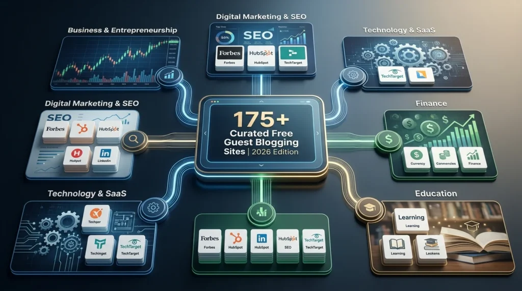 A visual guide organizing 175+ free guest blogging sites into clear, digital categories, like Business, Tech, and Marketing, showing metrics like DA and Traffic.