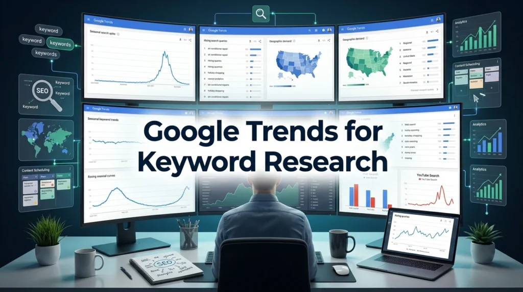 Google Trends for Keyword Research showing seasonal keyword analysis, rising search trends, geographic SEO targeting, and predictive content strategy dashboards for digital marketing.
