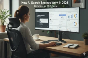 How AI Search Engines Work in 2026 showing real AI SEO research and search engine analysis