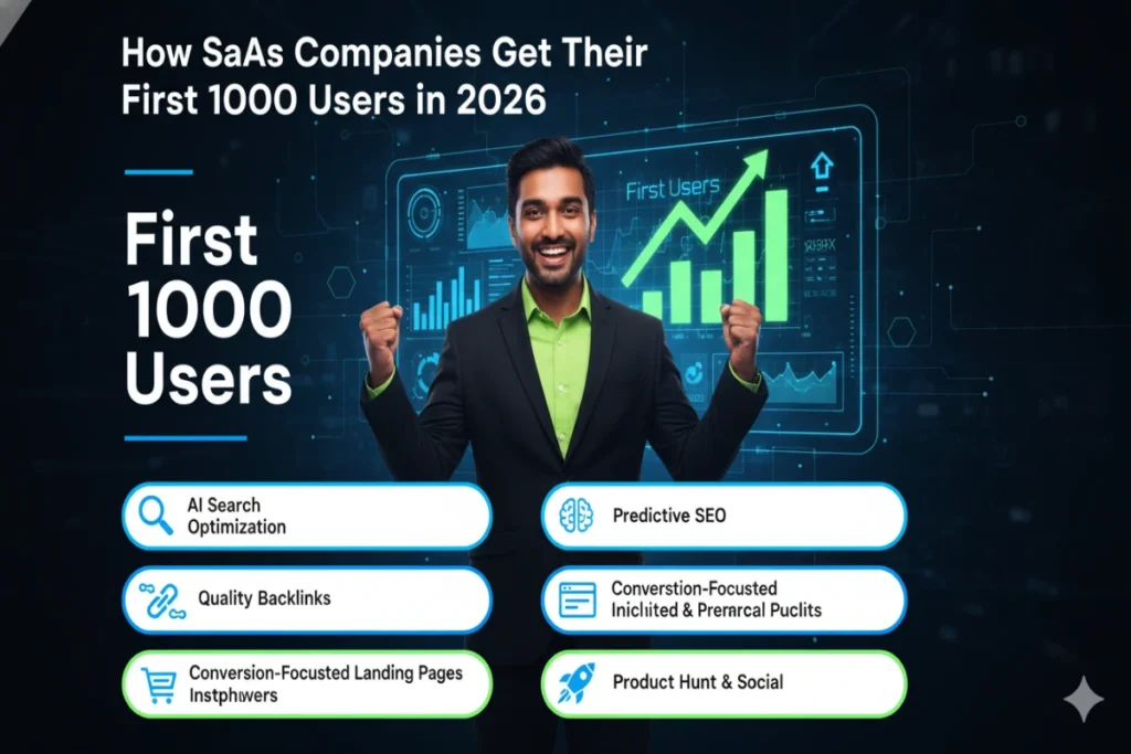 Futuristic SaaS startup growth strategy dashboard showing how SaaS companies get their first 1000 users using AI marketing, SEO, and user acquisition systems.