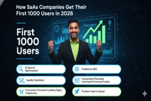 Futuristic SaaS startup growth strategy dashboard showing how SaaS companies get their first 1000 users using AI marketing, SEO, and user acquisition systems.