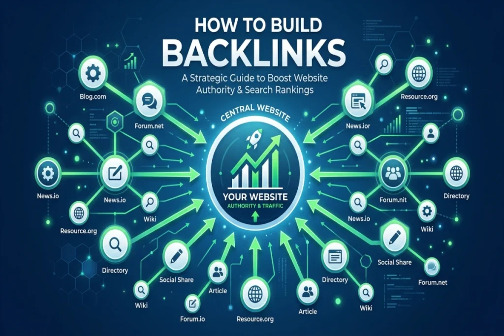 How to build backlinks — a visual guide showing interconnected websites linking to a central site with an upward SEO ranking chart